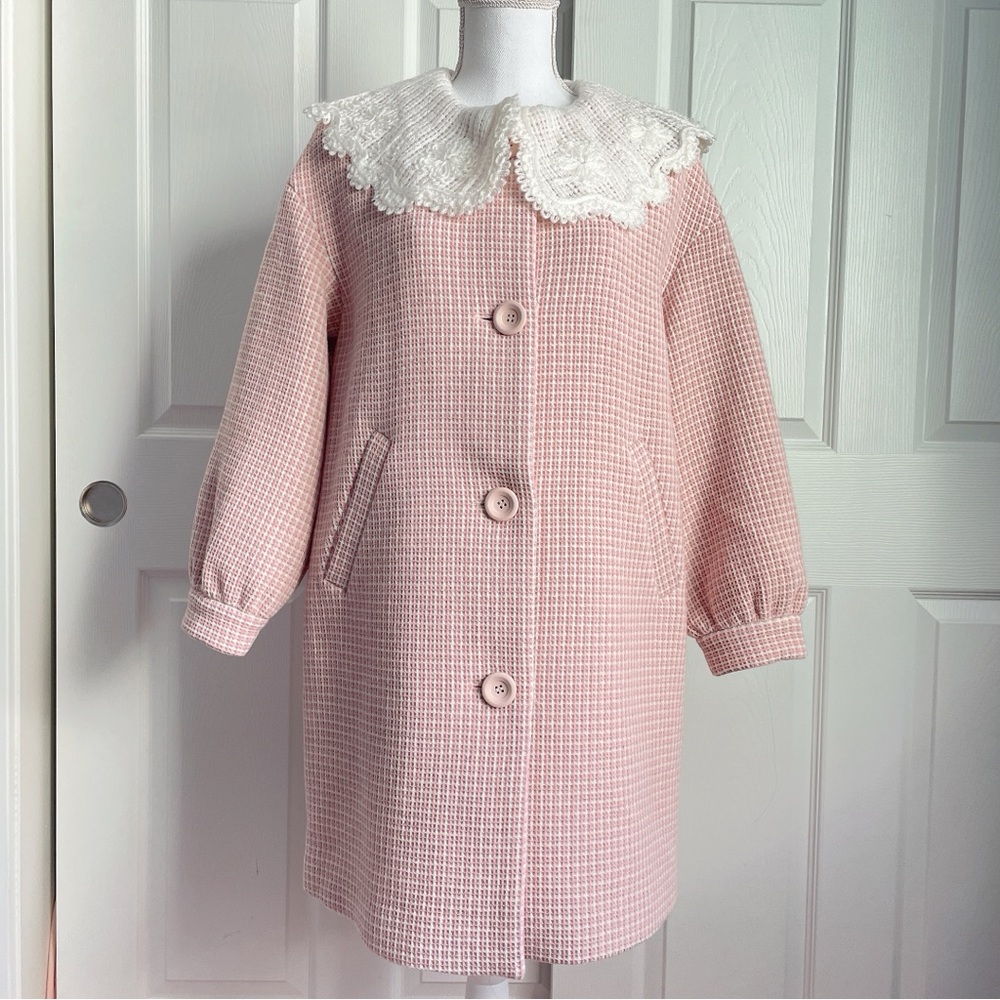 Stunning babydoll pastel pink plaid coat with removable lace collar